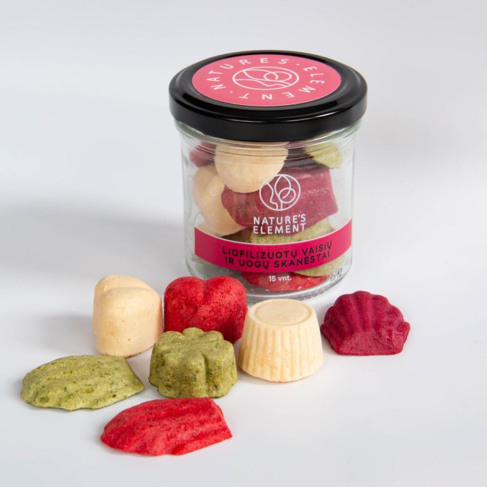 Liofilizuotu vaisių ir uogų skanėstai2 Liofilizuotu vaisių ir uogų skanėstai stiklainiukas